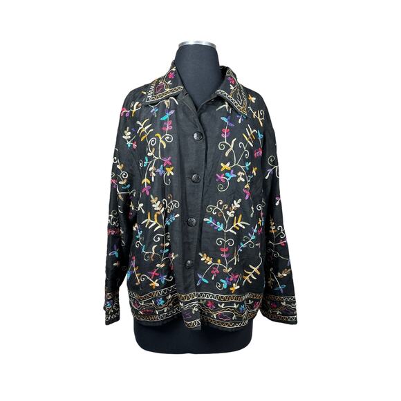 Life Style Black Floral Silk Blend Embroidered Long Sleeve Lightweight Jacket M - Picture 1 of 15